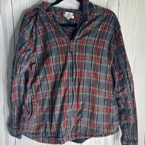 L.L. BEAN Scotch Plaid Flannel Shirt Relaxed Zip Hoodie Gray Red Women’s XL